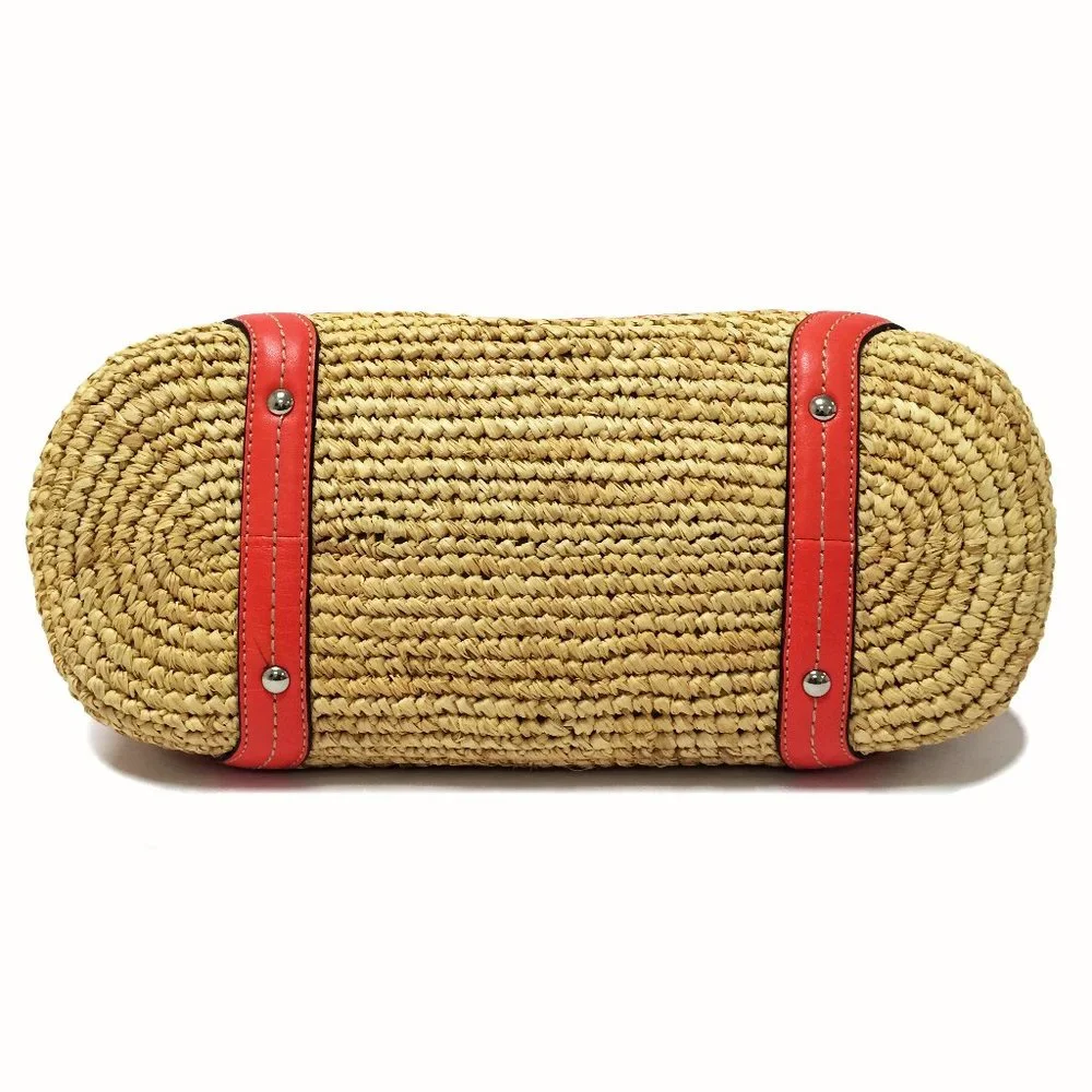 Coach Woven Straw Pocket Tote Natural Coral Leather Trim Turnlock Beach Bag